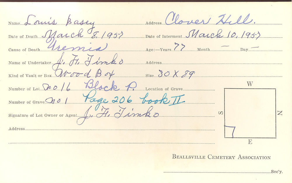Louis Basey burial card